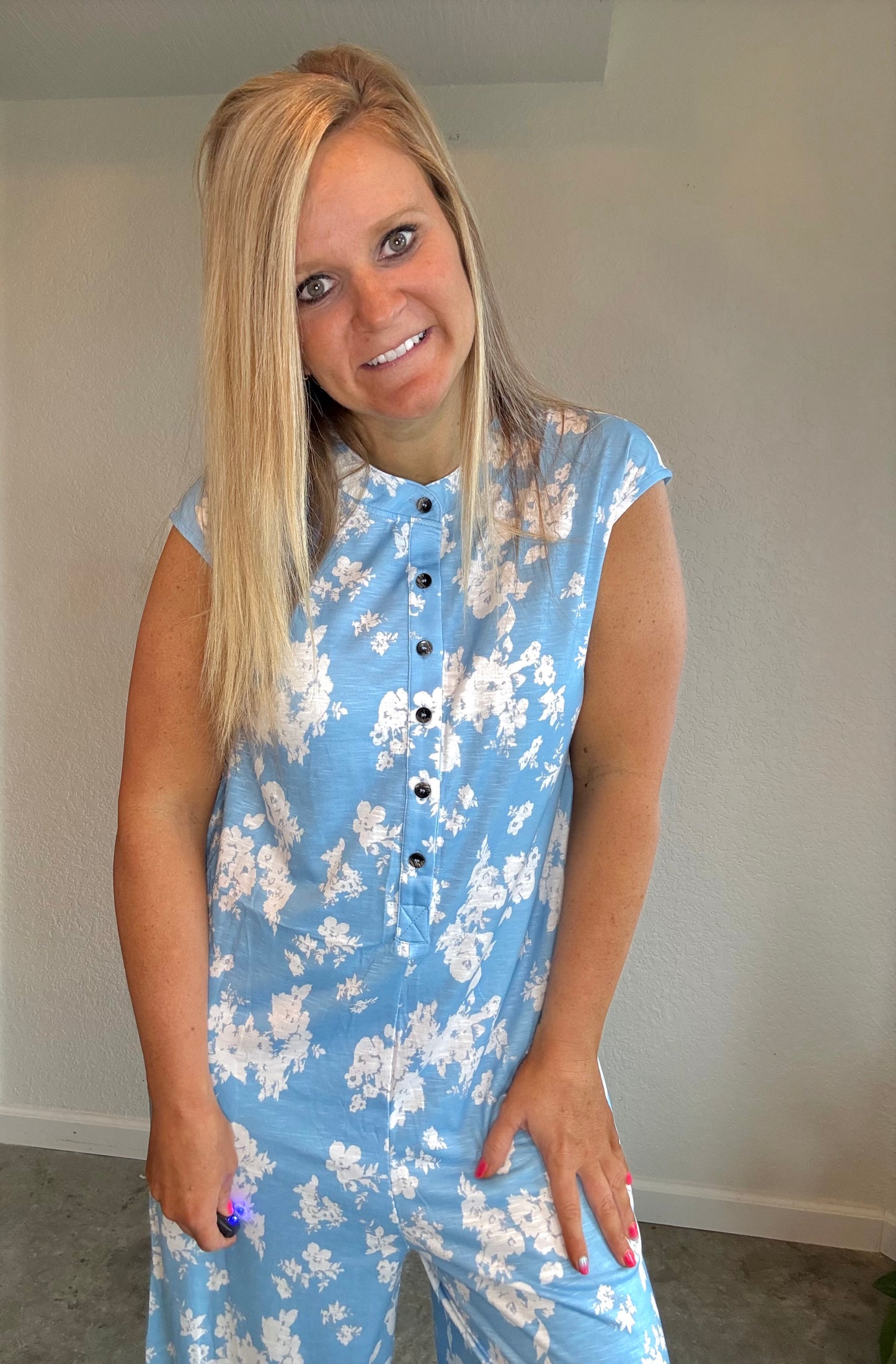 Blue Floral Wide Leg Jumpsuit