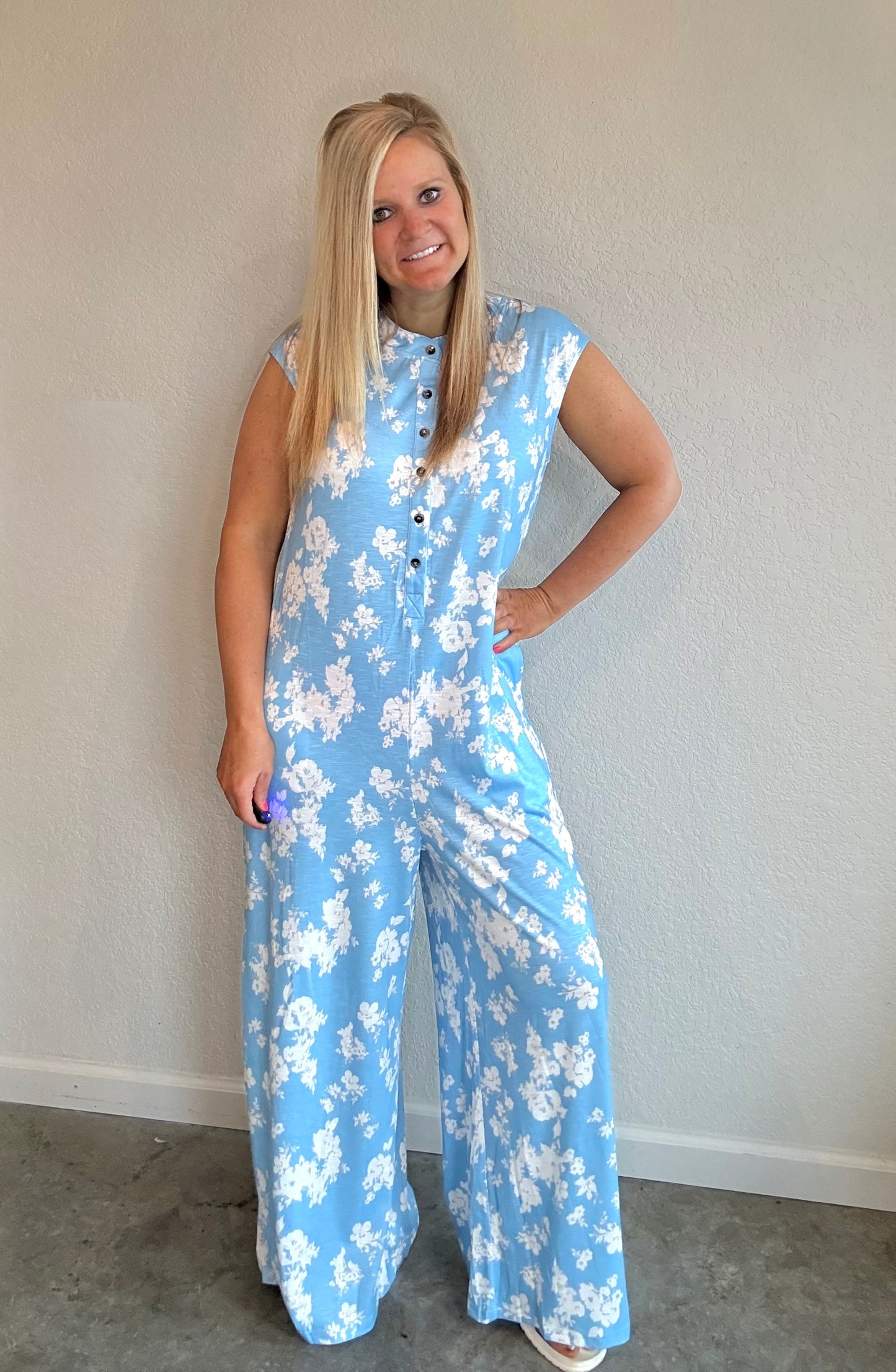Blue Floral Wide Leg Jumpsuit