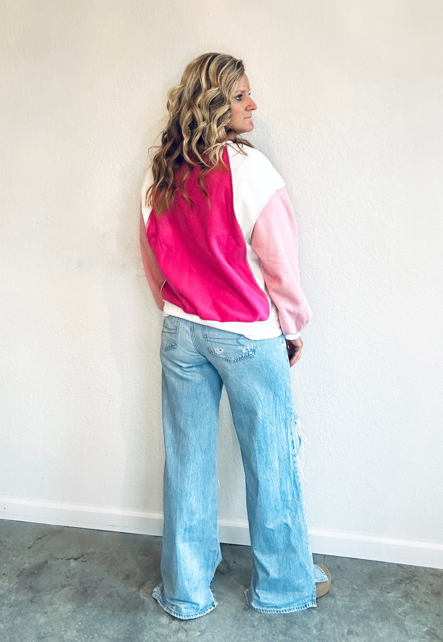 Pink Color Block Fleece Crewneck