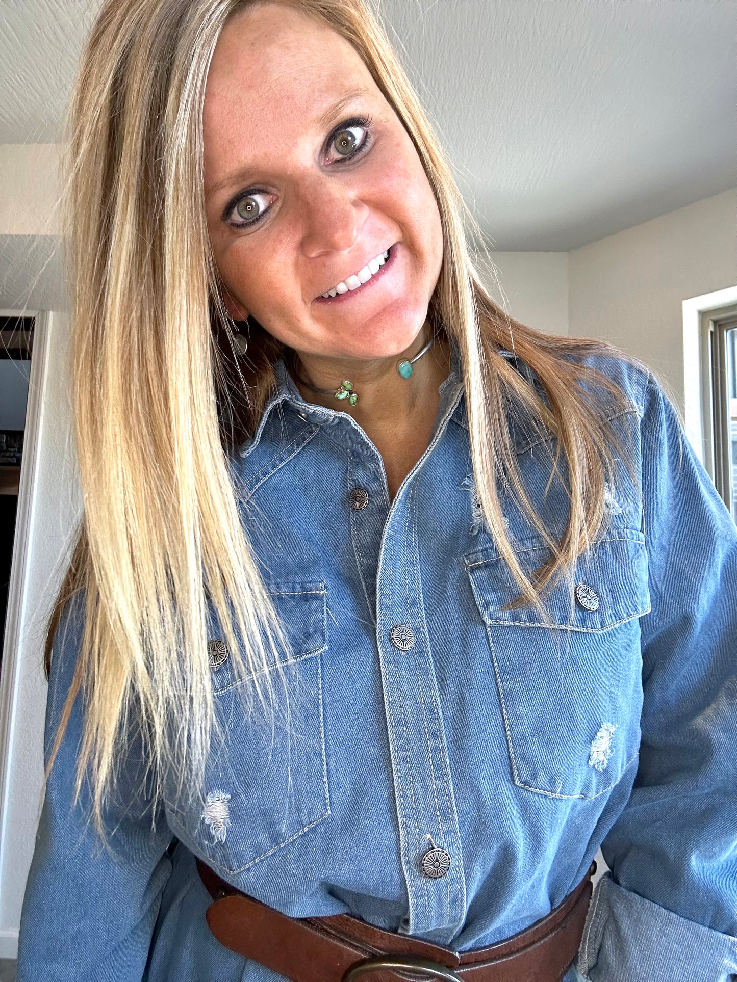 Destroyed Button Down Denim Shirt