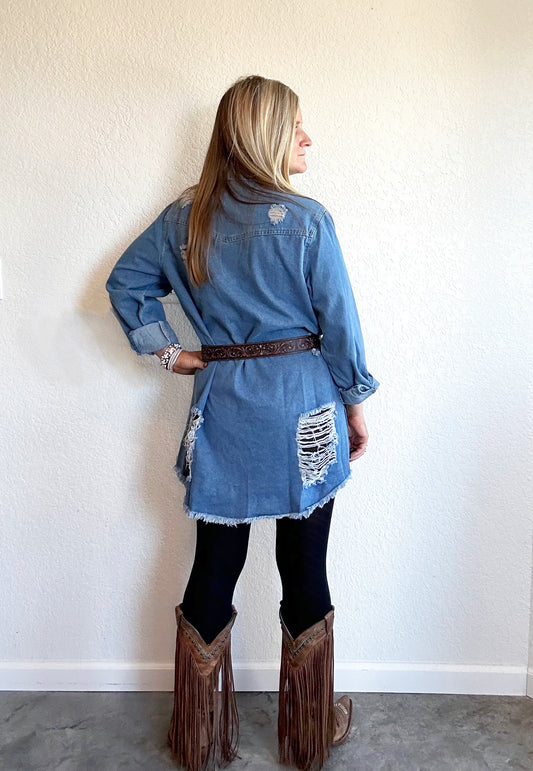 Destroyed Button Down Denim Shirt