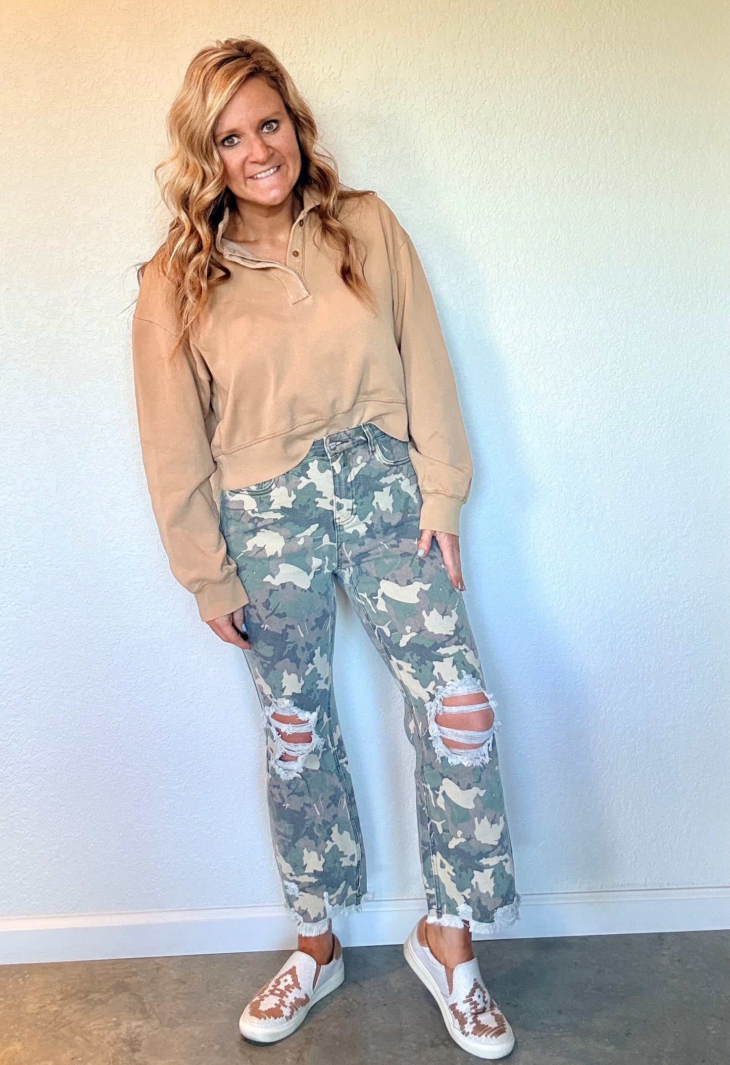 Distressed Denim Camo Pant
