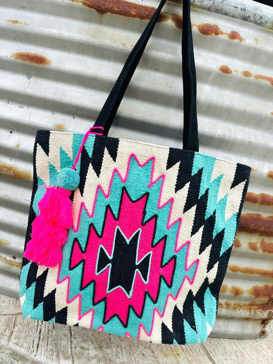 Large Hot Pink/Teal Aztec Tote
