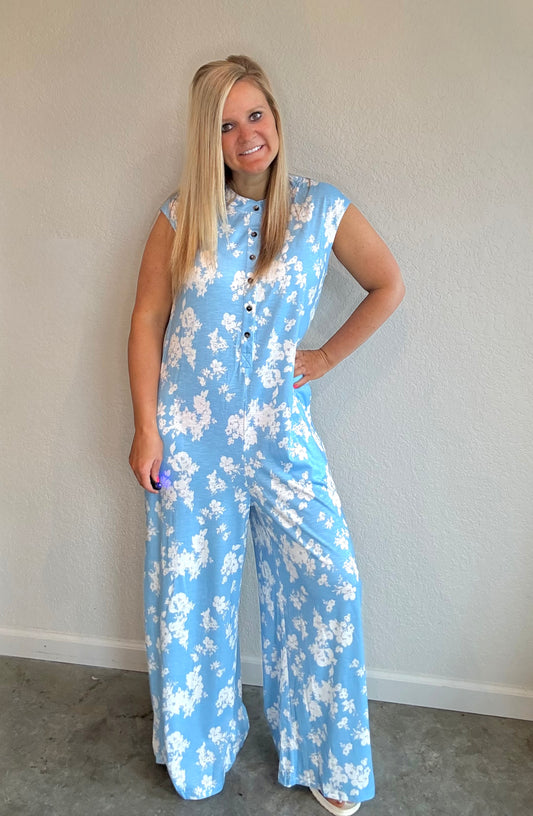 Blue Floral Wide Leg Jumpsuit