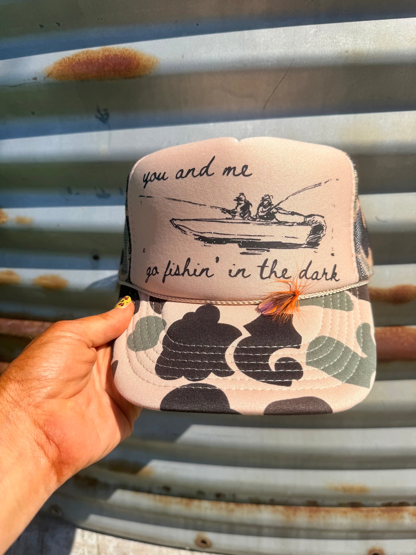 You and me go fishin' in the dark truckers hat