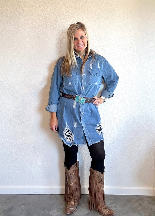Destroyed Button Down Denim Shirt