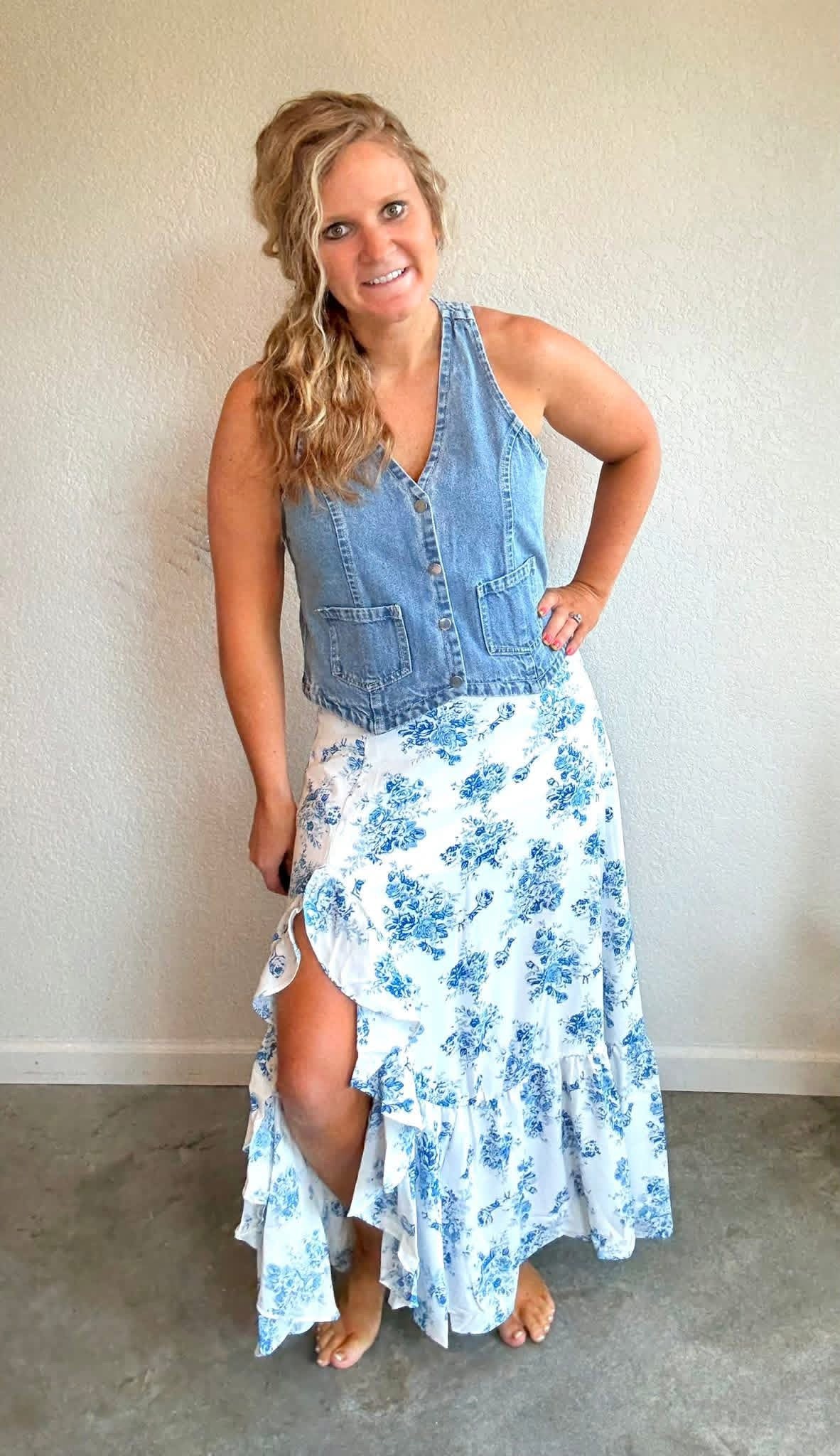 Blue Floral Ruffled Maxi Skirt