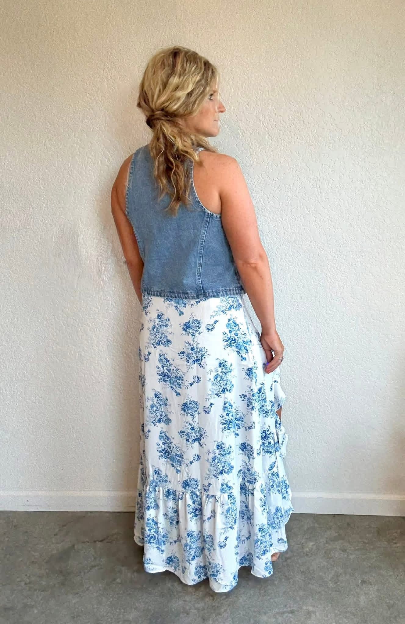 Blue Floral Ruffled Maxi Skirt