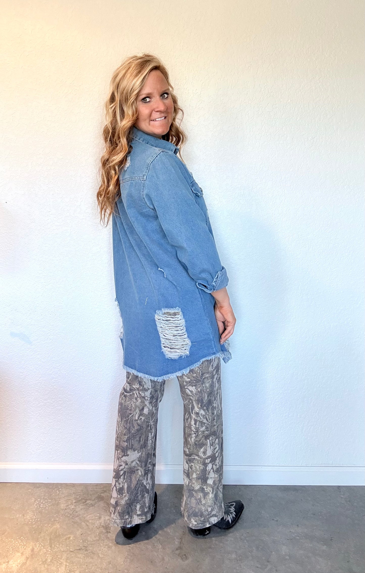 Destroyed Button Down Denim Shirt