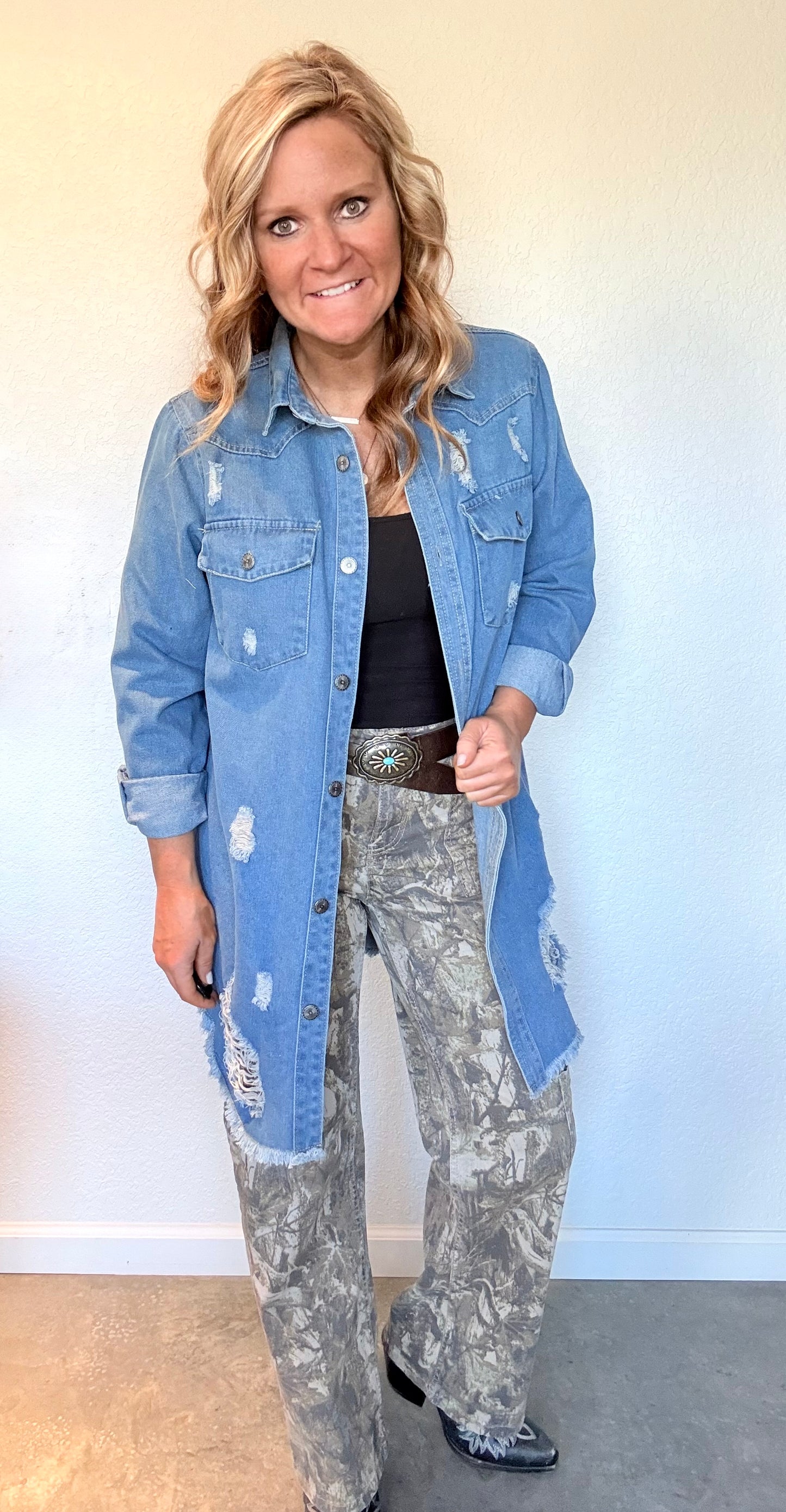 Destroyed Button Down Denim Shirt