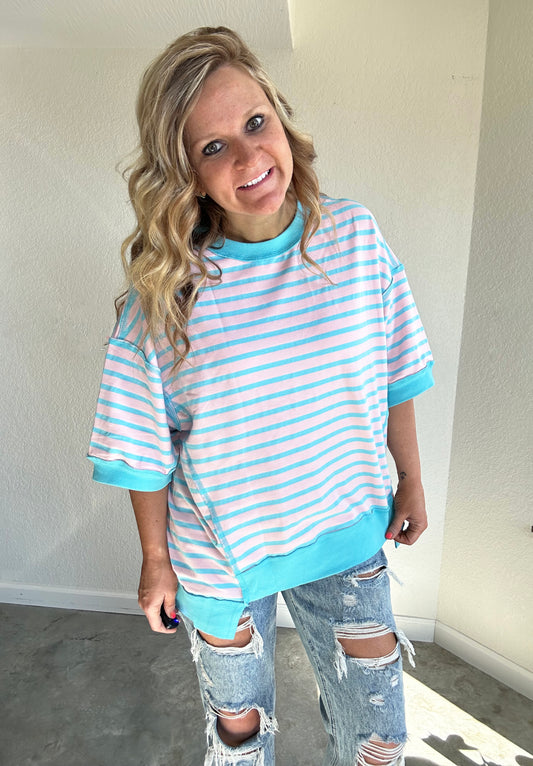 Blue/Pink Oversized Striped Tee